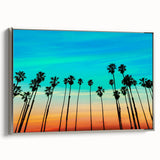 Framed canvas of a vintage-style Santa Barbara landscape painting, featuring vibrant colors on a black background.