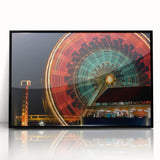 Large abstract wall art of Santa Monica scenery in mid-century modernist style, framed in black acrylic.