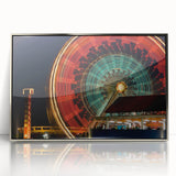 Mid-century modernist art of Santa Monica scenery in muted pastel colors on a silver-framed acrylic.