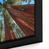 Close-up of a black wall art featuring a textured depiction of a California sequoia in vibrant colors, framed canvas.