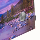 Large abstract depiction of the Sierra Nevada on acrylic, utilizing mid-century modernist style with earthy tones.