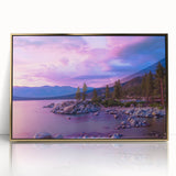 Acrylic print of Sierra Nevada scenery with gold frame, featuring mid-century modernist style, suitable for nursery wall art.