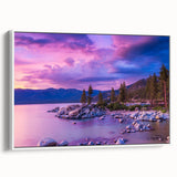 Vintage poster art of Sierra Nevada landscape on framed canvas, featuring a white border, ideal for living room decor.