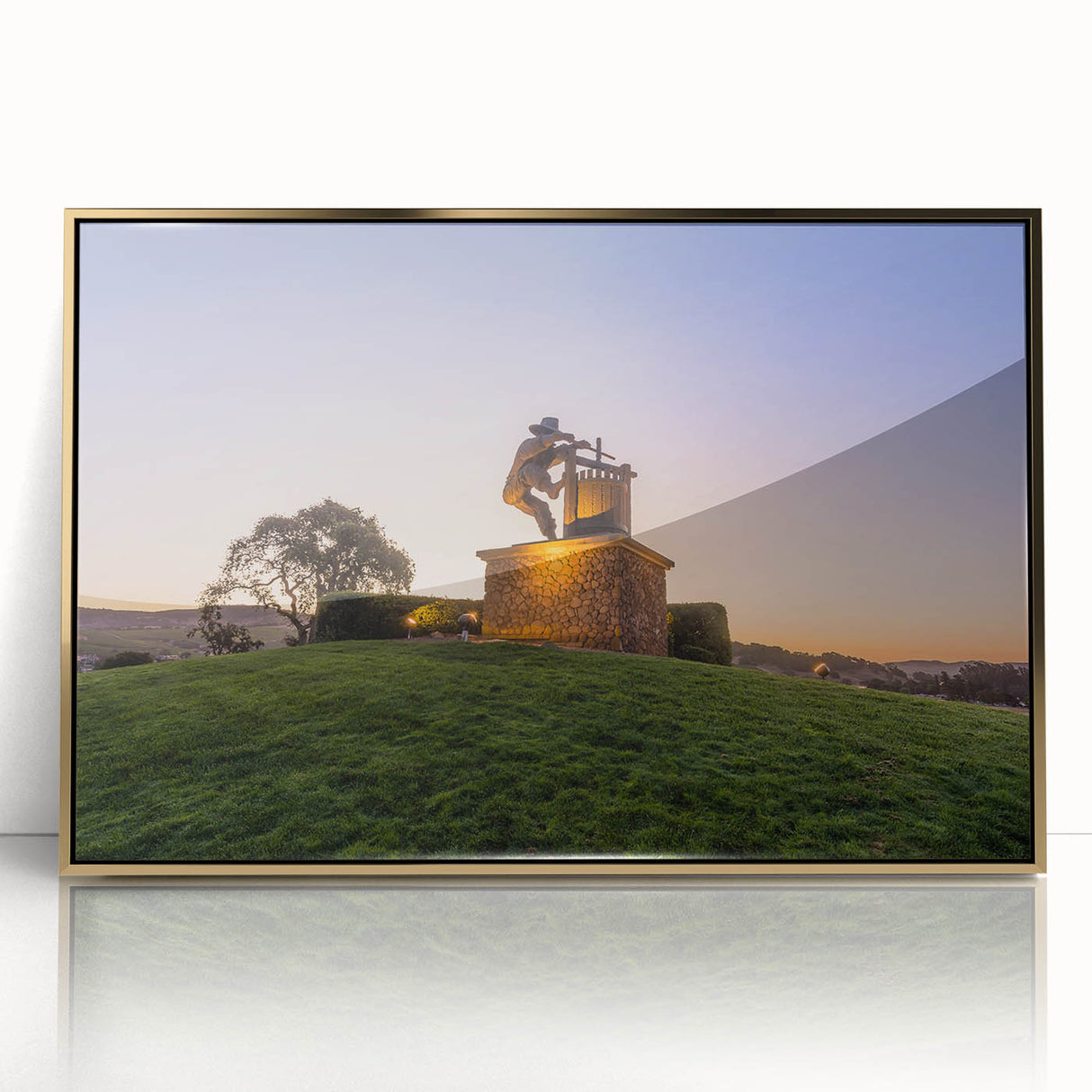 Large art print of Sonoma, California landscape in mid-century modernist style, framed in gold acrylic.