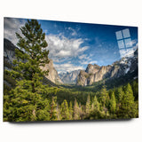 Acrylic print of Yosemite landscape with vivid green and blue tones, ideal for bedroom or dining room art.