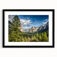 Abstract art print of Yosemite scenery in colorful, textured style on a large framed canvas, ideal for living room decor.