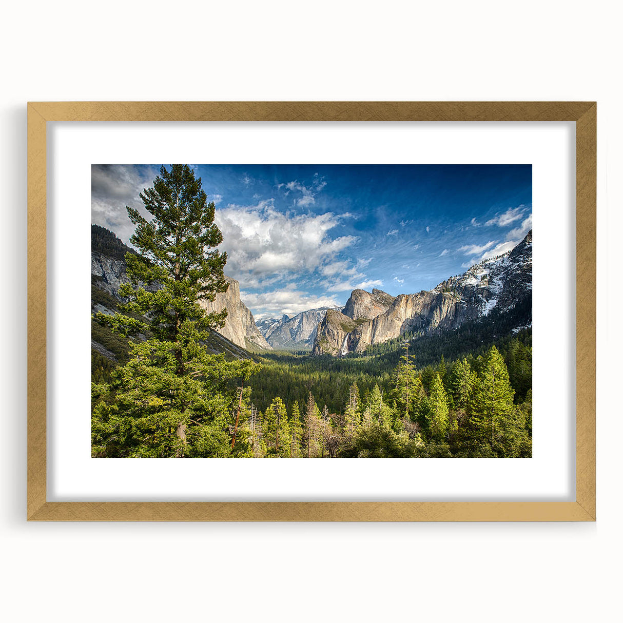 Extra large framed wall art of an abstract Yosemite scene in textured gold tones, ideal for living room decor.