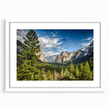 Abstract art print of Yosemite landscape in muted earth tones on a white framed canvas, ideal for dining room decor.