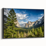 Black and white framed canvas of Yosemite landscape, ideal for bedroom wall art with a vintage poster style.