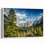 Vintage poster art of Yosemite scenery on a framed canvas, featuring vibrant colors, ideal for living room decor.