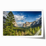 Yosemite National Park scenery on a rolled print, featuring vivid green and blue tones, suitable as art wall dining room.