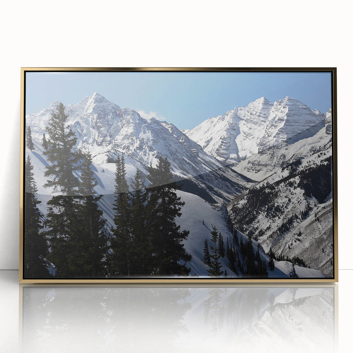 Large art print of Aspen, Colorado scenery in gold tones on framed acrylic, mid-century modernist style.