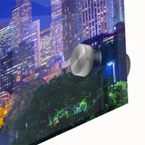 Mid-century modernist style large abstract wall art of Denver scenery in vibrant colors on acrylic glass.