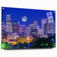 Acrylic print of a large abstract depiction of Denver skyline in muted blue and grey tones.