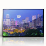 Large abstract wall art depicting the Denver skyline, in muted earth tones on framed acrylic.