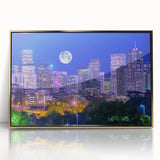 Framed acrylic print of Denver skyline in gold and blue tones, ideal for modern art wall decor.