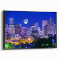 Black and white framed canvas of Denver landscape, ideal for bedroom wall decor.