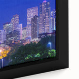 Framed canvas of a textured Denver skyline in black with colorful accents, suitable for large living room walls.