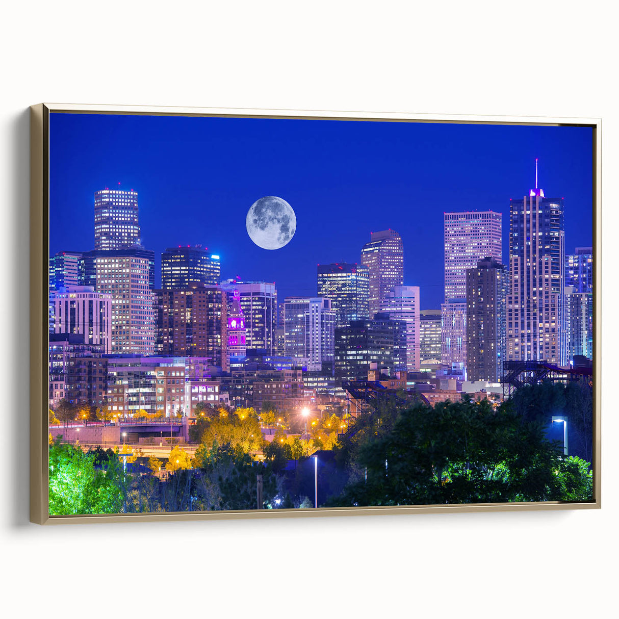 Framed canvas wall art featuring a Denver landscape in muted earth tones, ideal for bedroom decor.