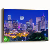 Framed canvas wall art featuring a Denver landscape in muted earth tones, ideal for bedroom decor.