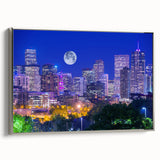Framed canvas featuring a vintage-style landscape art painting of Denver, Colorado in colorful tones.