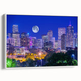 Framed canvas vintage poster art of Denver skyline in colorful hues, ideal for extra large living room wall decor.