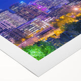 Art deco poster of Denver skyline in muted blue and gray tones on rolled canvas, suitable for dining room decor.