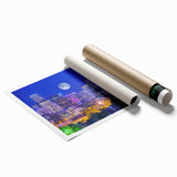 Rolled print of Denver skyline with muted blue and green tones, ideal for classy bathroom wall art.