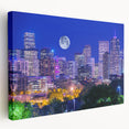 Denver skyline depicted in muted blue and gray tones on a large stretched canvas, suitable for kitchen wall art.