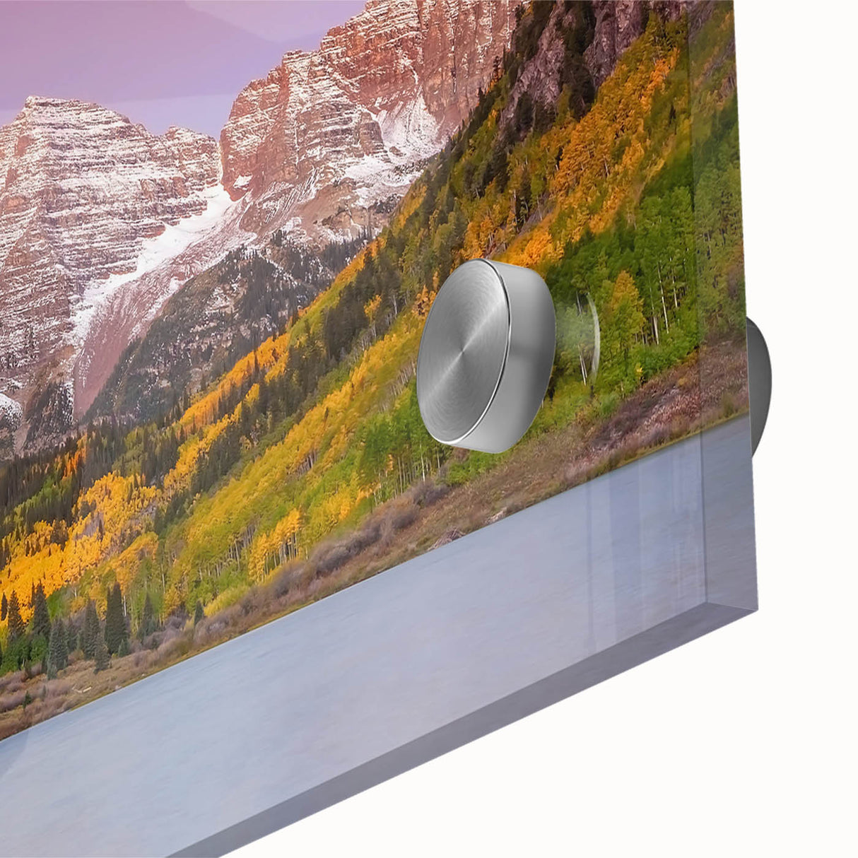Large abstract depiction of Maroon Bells, Colorado, in pastel hues on acrylic glass, suitable for dining room art.
