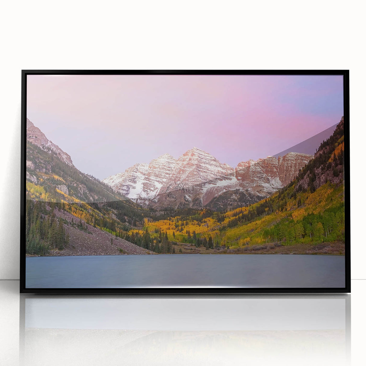 Large abstract wall art of Maroon Bells, Colorado in muted earth tones on a framed acrylic.