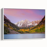 Vintage poster art of Maroon Bells, Colorado in vibrant colors on a large framed canvas, ideal for living room decor.