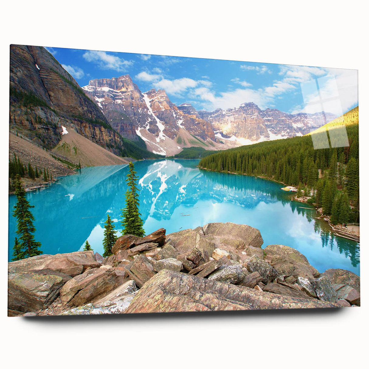Large abstract depiction of the Rocky Mountains in muted earth tones on an acrylic glass.