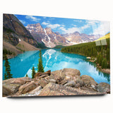 Large abstract depiction of the Rocky Mountains in muted earth tones on an acrylic glass.