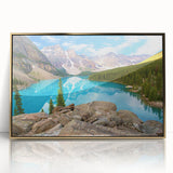 Large art print of the Rocky Mountains in gold and blue tones on a framed acrylic, ideal for modern art wall decor.