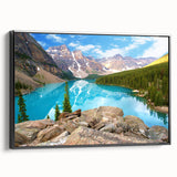 Black and white framed canvas of Rocky Mountains landscape, ideal for bedroom wall decor.