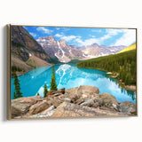 Framed canvas wall art featuring a vintage-style landscape painting of the Colorado Rocky Mountains.