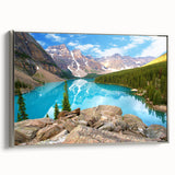 Landscape art painting of the Rocky Mountains on a framed canvas, featuring vibrant natural colors.