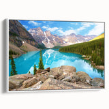 Vintage poster art of the Rocky Mountains, in vibrant colors on a framed canvas, suitable for large living room walls.