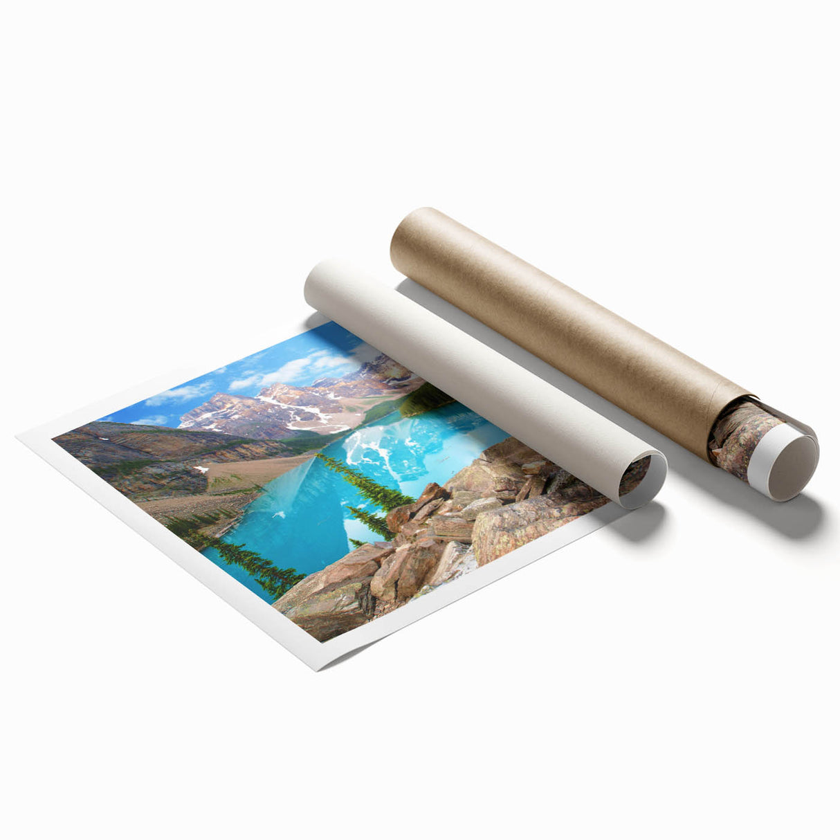Extra large wall art depicting the Rocky Mountains in muted earth tones on a rolled canvas.