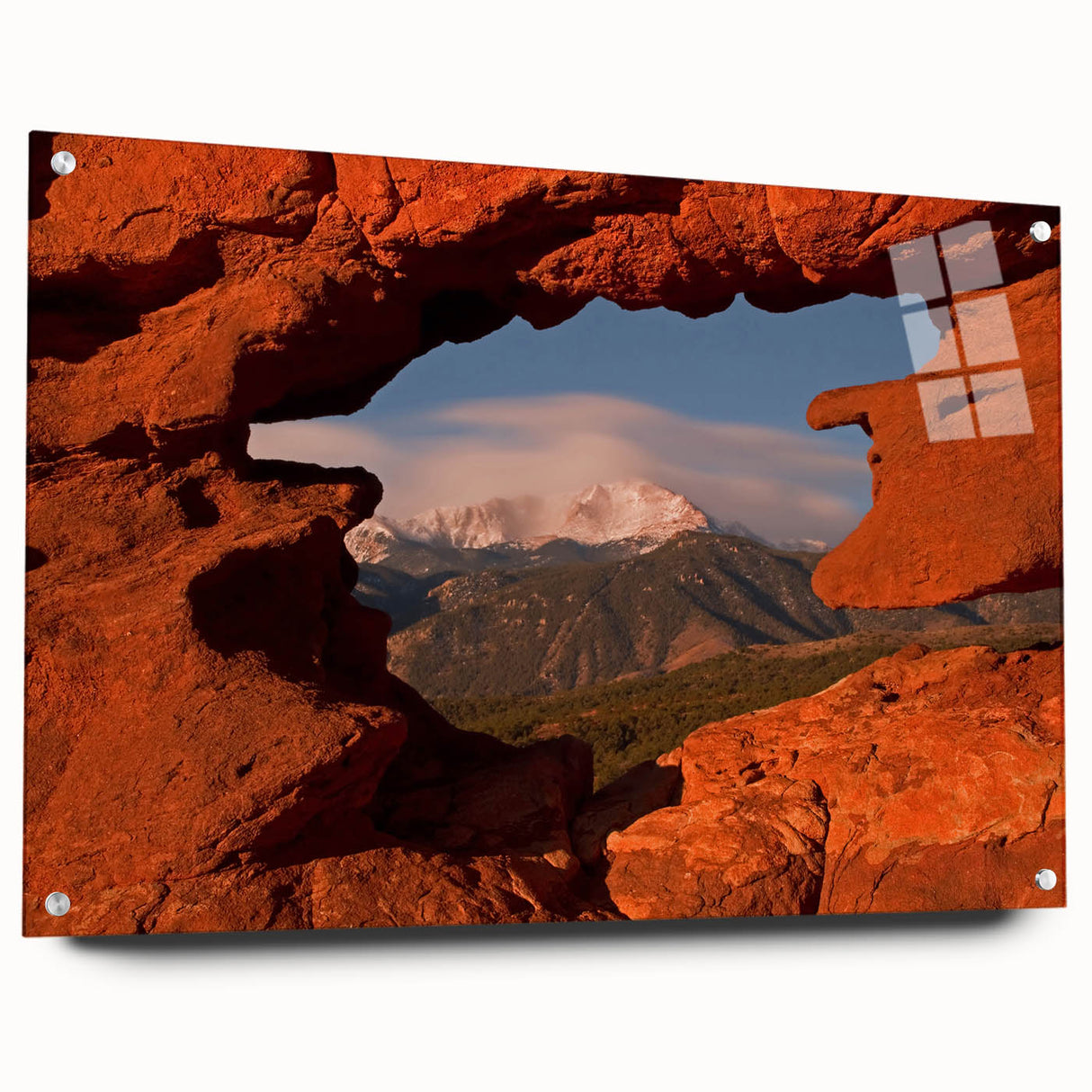Acrylic print of Colorado Springs scenery in muted earth tones, suitable for bedroom or dining room decor.
