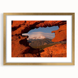 Extra large abstract art print of Colorado Springs, featuring textured design in vibrant earth tones, framed in gold.