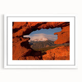 Abstract art print of Colorado Springs landscape in muted earth tones on a white matted frame.