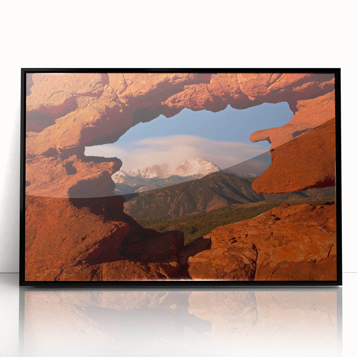 Large abstract wall art of Colorado Springs in muted earth tones on a framed acrylic, suitable for modern living room decor.