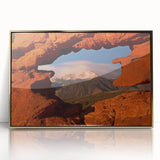 Acrylic print of Colorado Springs scenery in mid-century modernist style with gold frame, ideal for nursery wall art.