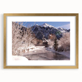 Extra large abstract art print of Telluride, Colorado, in textured gold frame, featuring earthy tones.