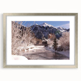 Textured art of abstract Telluride, Colorado landscape in muted earth tones, framed in silver, ideal for bedroom art.