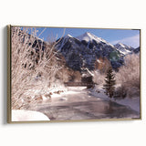 Framed canvas wall art featuring a vintage-style landscape painting of Telluride, Colorado, with muted earth tones.