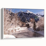 Vintage poster art of Telluride, Colorado scenery on a framed canvas, featuring vibrant colors, ideal for living room decor.