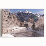 Black and white stretched canvas featuring a panoramic view of Telluride, Colorado, ideal for kitchen wall art.